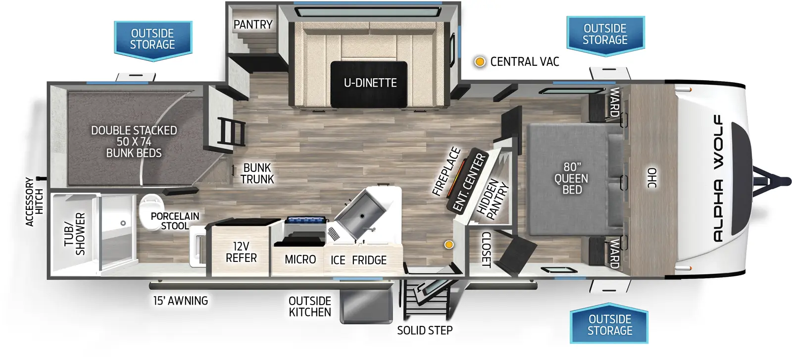 The 23DBH has one slideout and one entry. Exterior features a 15 foot awning, SolidStep entry, outside storage, outside kitchen with ice maker and refrigerator, and rear accessory hitch. Interior layout front to the back: foot-facing queen bed with overhead cabinet and wardrobes on each side, and door side closet; entertainment center with fireplace below along inner wall with hidden pantry behind; off-door side slideout with u-dinette and pantry; door side entry, kitchen counter with sink, overhead cabinet, microwave, cooktop, and 12 volt refrigerator; rear off-door side double stacked bunk beds with bunk trunk below; rear door side full bathroom with porcelain stool.